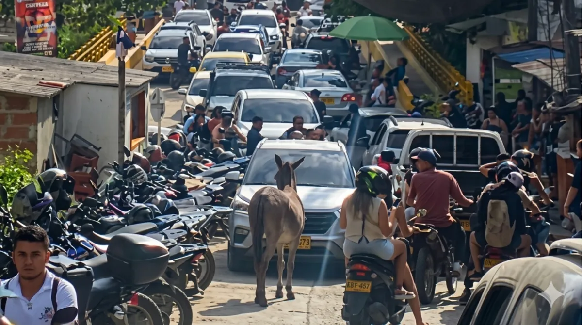 A donkey crossing between motorbikes on the main street of Minca, Sierra Nevada de Santa Marta