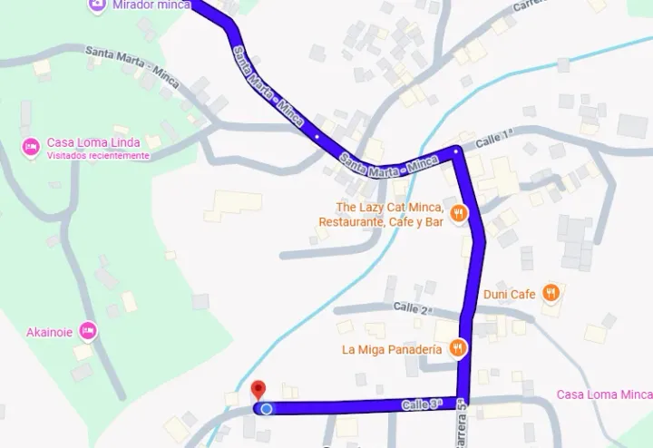 Map showing travel times and routes around Minca, Sierra Nevada de Santa Marta